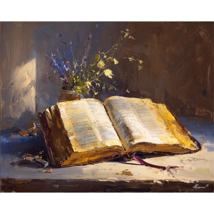 bible verse, an open scripture page with illuminated lettering at worn cover, a devotional still life scene, worn cover, warm cream and gold with deep indigo shade, reverent and calm, foreground subject, impasto texture, textured strokes, atmospheric depth, oil painting, palette knife texture, impasto oil, thick paint, bold brushwork, soft glow, color contrast, layered depth, foreground focus, background gradient