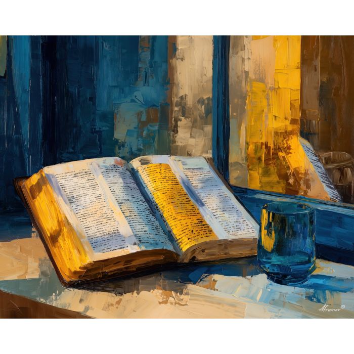 bible verse, an open scripture page with illuminated lettering at glass window, a devotional still life scene, glass window, warm cream and gold with deep indigo shade, reverent and calm, foreground subject, impasto texture, textured strokes, atmospheric depth, oil painting, palette knife texture, impasto oil, thick paint, bold brushwork, soft glow, color contrast, layered depth, foreground focus, background gradient