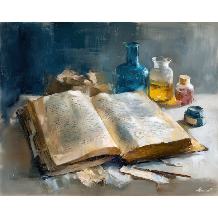 bible verse, an open scripture page with illuminated lettering at handwritten margin, a devotional still life scene, handwritten margin, warm cream and gold with deep indigo shade, reverent and calm, foreground subject, impasto texture, textured strokes, atmospheric depth, oil painting, palette knife texture, impasto oil, thick paint, bold brushwork, soft glow, color contrast, layered depth, foreground focus, background gradient