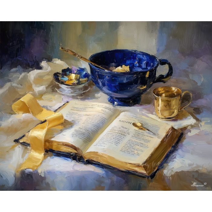 bible verse, an open scripture page with illuminated lettering at silk ribbon, a devotional still life scene, silk ribbon, warm cream and gold with deep indigo shade, reverent and calm, foreground subject, impasto texture, textured strokes, atmospheric depth, oil painting, palette knife texture, impasto oil, thick paint, bold brushwork, soft glow, color contrast, layered depth, foreground focus, background gradient