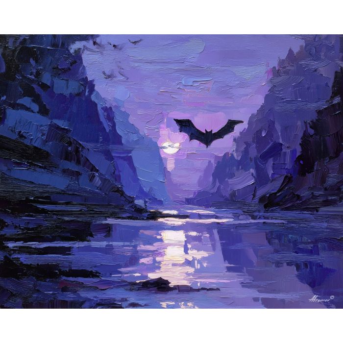 bat, a bat silhouette with wings spread at river gorge, a moonlit night setting, river gorge, charcoal and violet with pale moonlight, dark and atmospheric, foreground subject, impasto texture, textured strokes, atmospheric depth, oil painting, palette knife texture, impasto oil, thick paint, bold brushwork, soft glow, color contrast, layered depth, foreground focus, background gradient