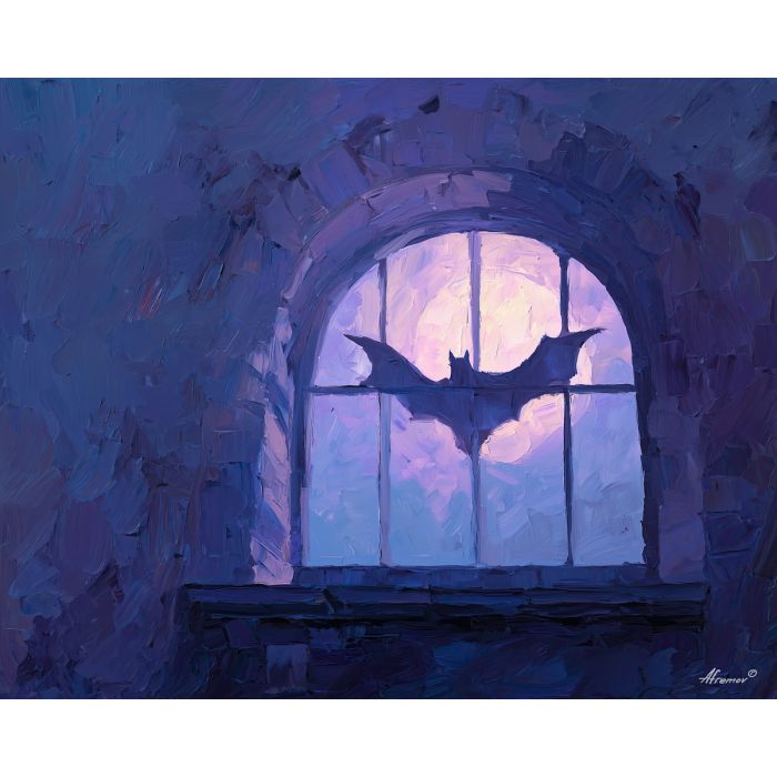 bat, a bat silhouette with wings spread at tower window, a moonlit night setting, tower window, charcoal and violet with pale moonlight, dark and atmospheric, foreground subject, impasto texture, textured strokes, atmospheric depth, oil painting, palette knife texture, impasto oil, thick paint, bold brushwork, soft glow, color contrast, layered depth, foreground focus, background gradient