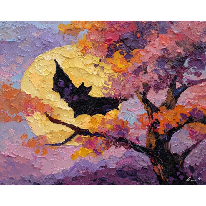 bat, a bat silhouette with wings spread at autumn tree, a moonlit night setting, autumn tree, charcoal and violet with pale moonlight, dark and atmospheric, foreground subject, impasto texture, textured strokes, atmospheric depth, oil painting, palette knife texture, impasto oil, thick paint, bold brushwork, soft glow, color contrast, layered depth, foreground focus, background gradient