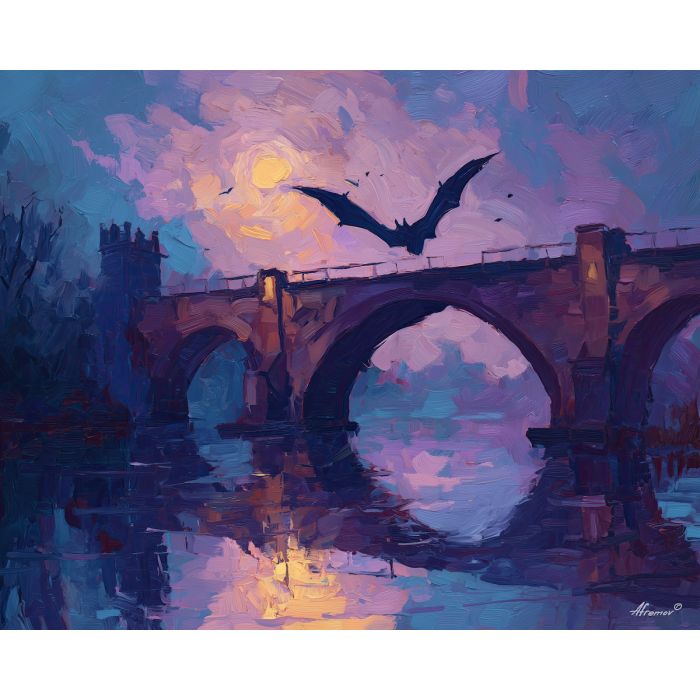 bat, a bat silhouette with wings spread at old bridge, a moonlit night setting, old bridge, charcoal and violet with pale moonlight, dark and atmospheric, foreground subject, impasto texture, textured strokes, atmospheric depth, oil painting, palette knife texture, impasto oil, thick paint, bold brushwork, soft glow, color contrast, layered depth, foreground focus, background gradient