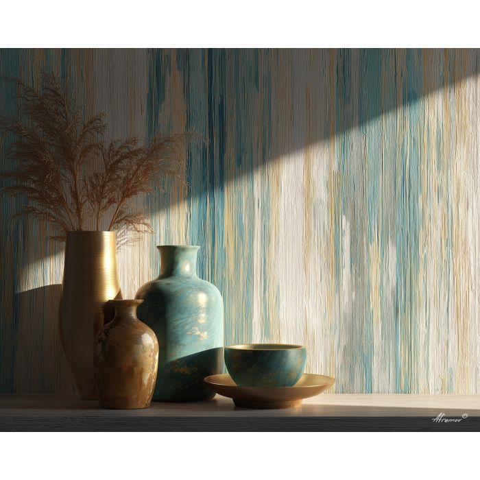 wallpaper, a bold wallpaper pattern panel at garden stripe, an interior wall vignette, garden stripe, teal and cream with warm gold accents, decorative and structured, foreground subject, impasto texture, textured strokes, atmospheric depth, oil painting, palette knife texture, impasto oil, thick paint, bold brushwork, soft glow, color contrast, layered depth, foreground focus, background gradient