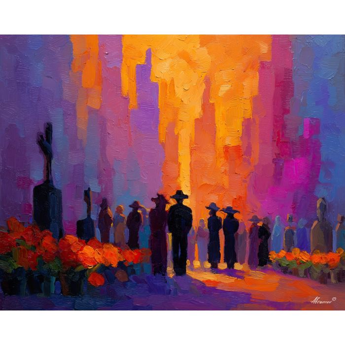 dia de los muertos, a Día de los Muertos scene centered on city procession, a warm ceremonial setting, city procession, orange marigold and cobalt shadow with magenta accents, reverent and celebratory, foreground subject, impasto texture, textured strokes, atmospheric depth, oil painting, palette knife texture, impasto oil, thick paint, bold brushwork, soft glow, color contrast, layered depth, foreground focus, background gradient