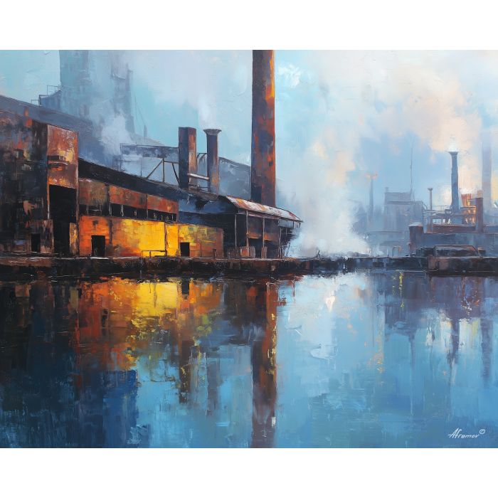 industrial, an industrial foreground built around machine hall, a steel and shadow environment, machine hall, steel blue and rust with warm furnace glow, textural and cinematic, foreground subject, impasto texture, textured strokes, atmospheric depth, oil painting, palette knife texture, impasto oil, thick paint, bold brushwork, soft glow, color contrast, layered depth, foreground focus, background gradient