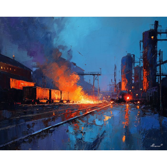 industrial, an industrial foreground built around grinding sparks, a steel and shadow environment, grinding sparks, steel blue and rust with warm furnace glow, textural and cinematic, foreground subject, impasto texture, textured strokes, atmospheric depth, oil painting, palette knife texture, impasto oil, thick paint, bold brushwork, soft glow, color contrast, layered depth, foreground focus, background gradient
