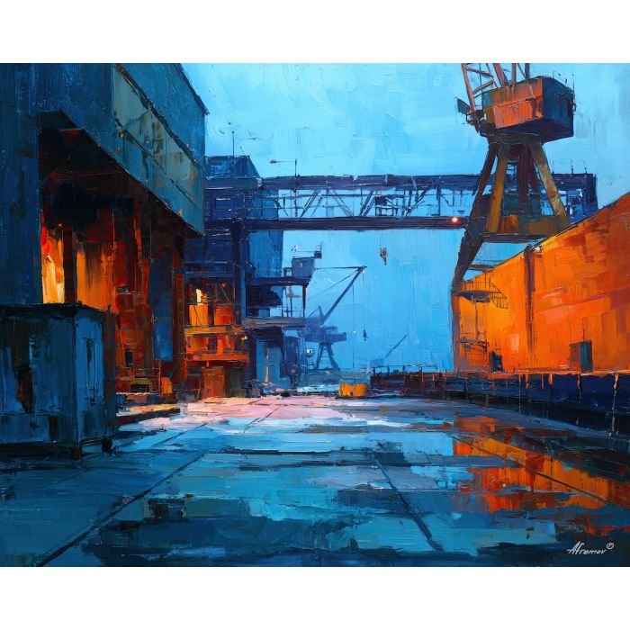 industrial, an industrial foreground built around shipyard crane, a steel and shadow environment, shipyard crane, steel blue and rust with warm furnace glow, textural and cinematic, foreground subject, impasto texture, textured strokes, atmospheric depth, oil painting, palette knife texture, impasto oil, thick paint, bold brushwork, soft glow, color contrast, layered depth, foreground focus, background gradient