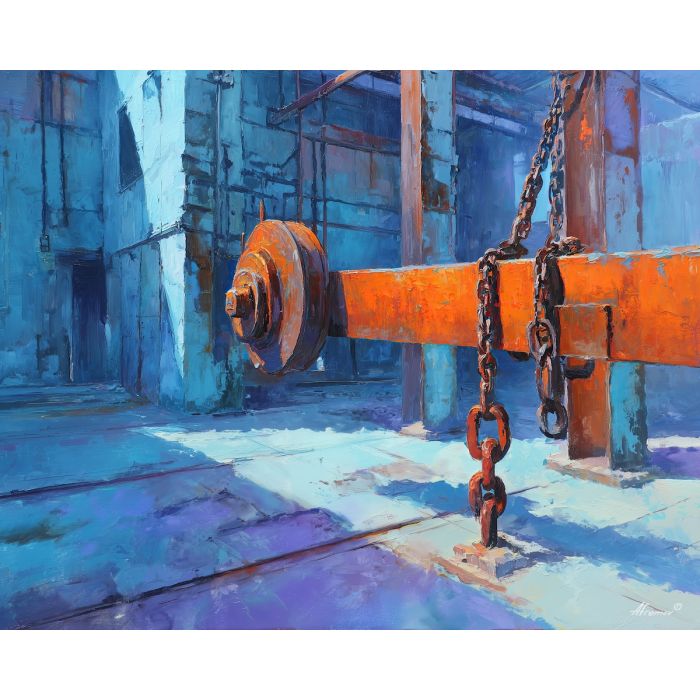 industrial, an industrial foreground built around chain pulley, a steel and shadow environment, chain pulley, steel blue and rust with warm furnace glow, textural and cinematic, foreground subject, impasto texture, textured strokes, atmospheric depth, oil painting, palette knife texture, impasto oil, thick paint, bold brushwork, soft glow, color contrast, layered depth, foreground focus, background gradient