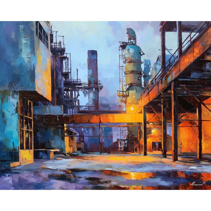 industrial, an industrial foreground built around abandoned plant, a steel and shadow environment, abandoned plant, steel blue and rust with warm furnace glow, textural and cinematic, foreground subject, impasto texture, textured strokes, atmospheric depth, oil painting, palette knife texture, impasto oil, thick paint, bold brushwork, soft glow, color contrast, layered depth, foreground focus, background gradient
