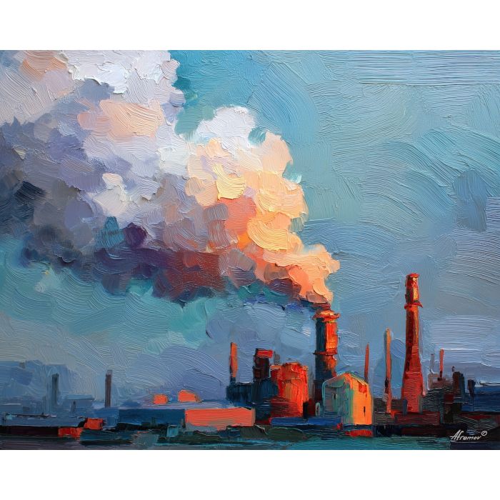 industrial, an industrial foreground built around smoke plume, a steel and shadow environment, smoke plume, steel blue and rust with warm furnace glow, textural and cinematic, foreground subject, impasto texture, textured strokes, atmospheric depth, oil painting, palette knife texture, impasto oil, thick paint, bold brushwork, soft glow, color contrast, layered depth, foreground focus, background gradient