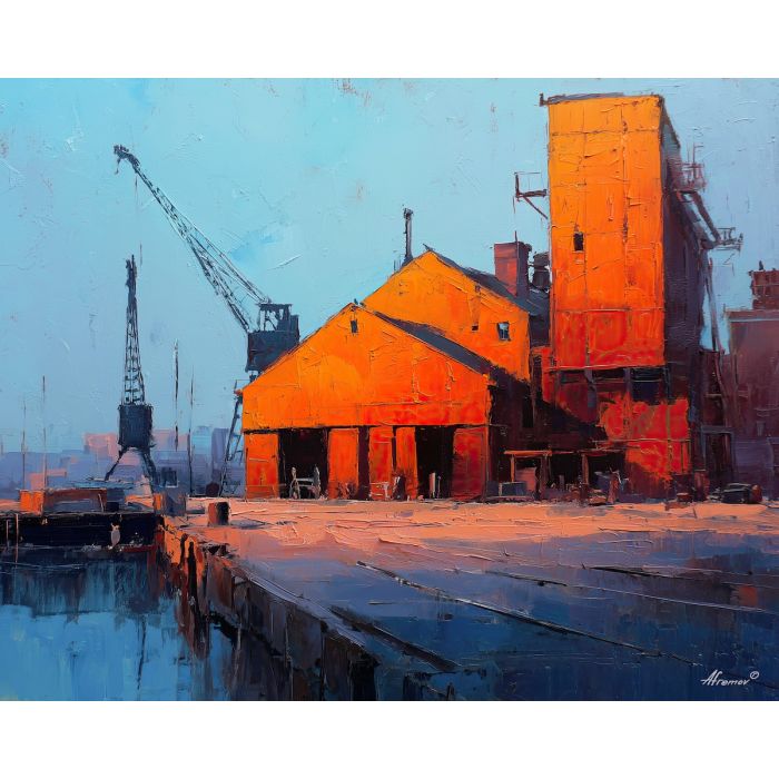 industrial, an industrial foreground built around dock warehouse, a steel and shadow environment, dock warehouse, steel blue and rust with warm furnace glow, textural and cinematic, foreground subject, impasto texture, textured strokes, atmospheric depth, oil painting, palette knife texture, impasto oil, thick paint, bold brushwork, soft glow, color contrast, layered depth, foreground focus, background gradient