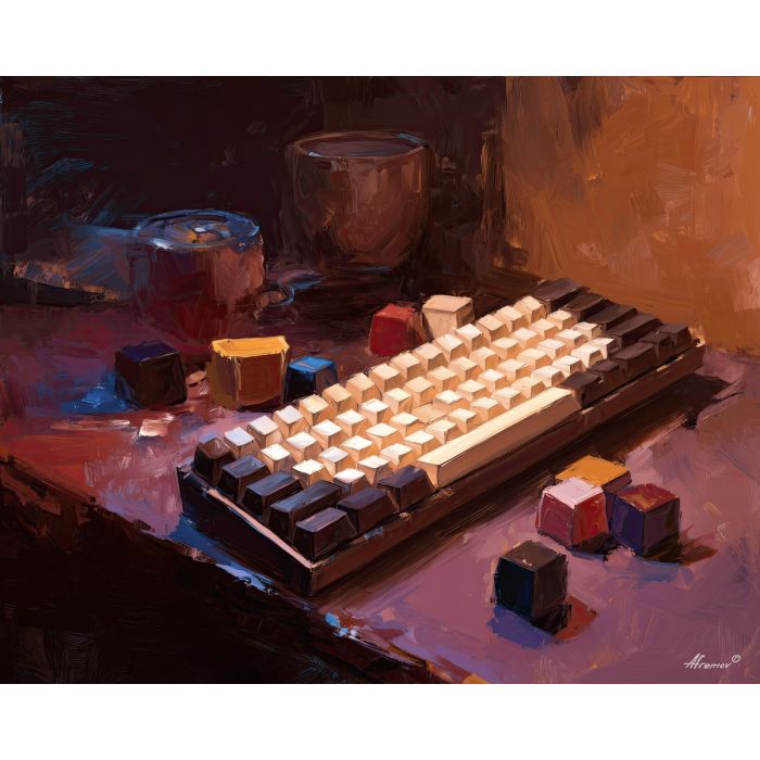 keyboard, a keyboard-focused still life with retro keycaps, a studio or performance setting, retro keycaps, ivory and black with warm gold and cobalt shadows, intimate and musical, foreground subject, impasto texture, textured strokes, atmospheric depth, oil painting, palette knife texture, impasto oil, thick paint, bold brushwork, soft glow, color contrast, layered depth, foreground focus, background gradient