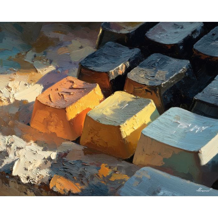 keyboard, a keyboard-focused still life with computer keyboard closeup, a studio or performance setting, computer keyboard closeup, ivory and black with warm gold and cobalt shadows, intimate and musical, foreground subject, impasto texture, textured strokes, atmospheric depth, oil painting, palette knife texture, impasto oil, thick paint, bold brushwork, soft glow, color contrast, layered depth, foreground focus, background gradient