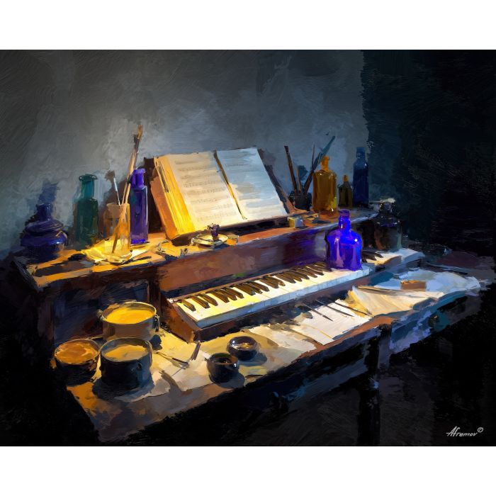 keyboard, a keyboard-focused still life with composer table, a studio or performance setting, composer table, ivory and black with warm gold and cobalt shadows, intimate and musical, foreground subject, impasto texture, textured strokes, atmospheric depth, oil painting, palette knife texture, impasto oil, thick paint, bold brushwork, soft glow, color contrast, layered depth, foreground focus, background gradient