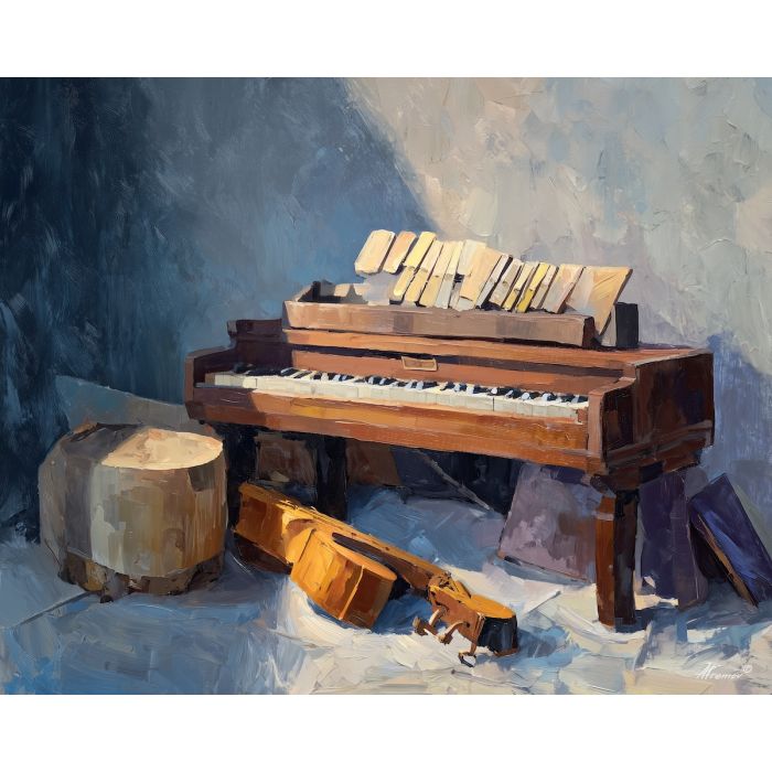 keyboard, a keyboard-focused still life with wooden keybed, a studio or performance setting, wooden keybed, ivory and black with warm gold and cobalt shadows, intimate and musical, foreground subject, impasto texture, textured strokes, atmospheric depth, oil painting, palette knife texture, impasto oil, thick paint, bold brushwork, soft glow, color contrast, layered depth, foreground focus, background gradient