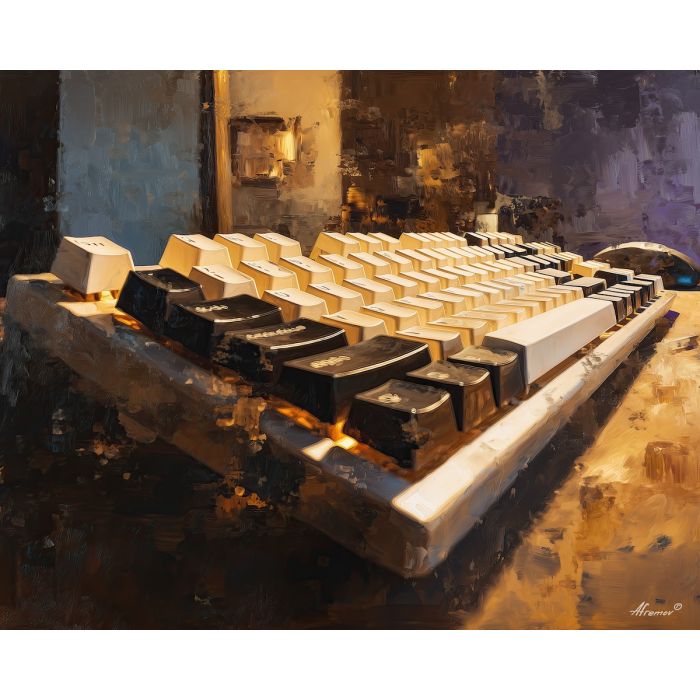keyboard, a keyboard-focused still life with keyboard reflection, a studio or performance setting, keyboard reflection, ivory and black with warm gold and cobalt shadows, intimate and musical, foreground subject, impasto texture, textured strokes, atmospheric depth, oil painting, palette knife texture, impasto oil, thick paint, bold brushwork, soft glow, color contrast, layered depth, foreground focus, background gradient