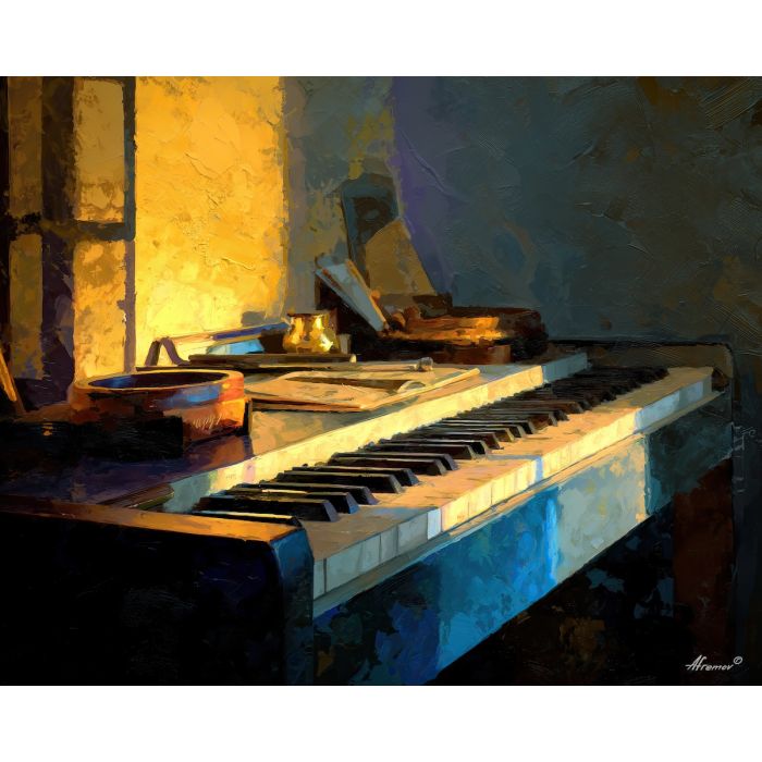 keyboard, a keyboard-focused still life with digital piano surface, a studio or performance setting, digital piano surface, ivory and black with warm gold and cobalt shadows, intimate and musical, foreground subject, impasto texture, textured strokes, atmospheric depth, oil painting, palette knife texture, impasto oil, thick paint, bold brushwork, soft glow, color contrast, layered depth, foreground focus, background gradient