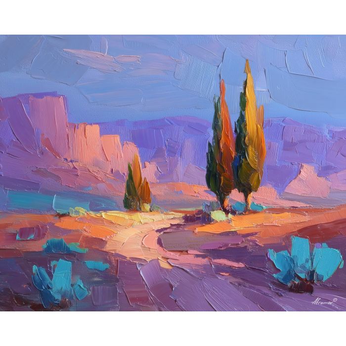 kokopelli, a Kokopelli-inspired desert scene with desert flute figure, a Southwestern desert setting, desert flute figure, turquoise and terracotta with deep violet dusk, mythic and desert warm, foreground subject, impasto texture, textured strokes, atmospheric depth, oil painting, palette knife texture, impasto oil, thick paint, bold brushwork, soft glow, color contrast, layered depth, foreground focus, background gradient