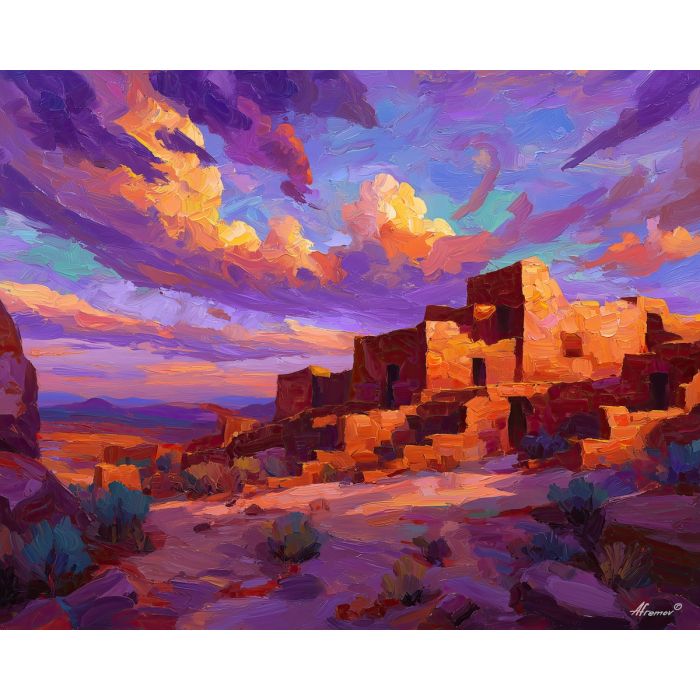 kokopelli, a Kokopelli-inspired desert scene with petroglyph wall, a Southwestern desert setting, petroglyph wall, turquoise and terracotta with deep violet dusk, mythic and desert warm, foreground subject, impasto texture, textured strokes, atmospheric depth, oil painting, palette knife texture, impasto oil, thick paint, bold brushwork, soft glow, color contrast, layered depth, foreground focus, background gradient