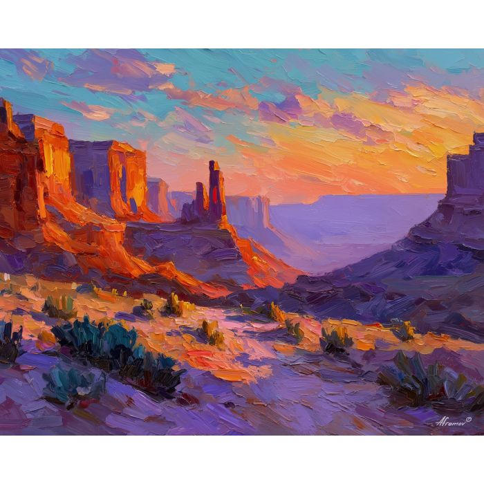 kokopelli, a Kokopelli-inspired desert scene with sunset canyon, a Southwestern desert setting, sunset canyon, turquoise and terracotta with deep violet dusk, mythic and desert warm, foreground subject, impasto texture, textured strokes, atmospheric depth, oil painting, palette knife texture, impasto oil, thick paint, bold brushwork, soft glow, color contrast, layered depth, foreground focus, background gradient