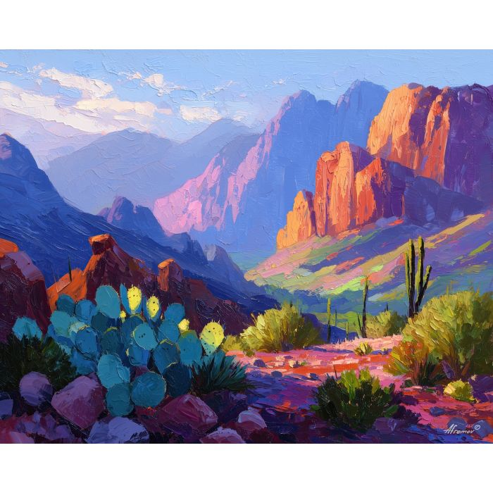 kokopelli, a Kokopelli-inspired desert scene with cactus ridge, a Southwestern desert setting, cactus ridge, turquoise and terracotta with deep violet dusk, mythic and desert warm, foreground subject, impasto texture, textured strokes, atmospheric depth, oil painting, palette knife texture, impasto oil, thick paint, bold brushwork, soft glow, color contrast, layered depth, foreground focus, background gradient