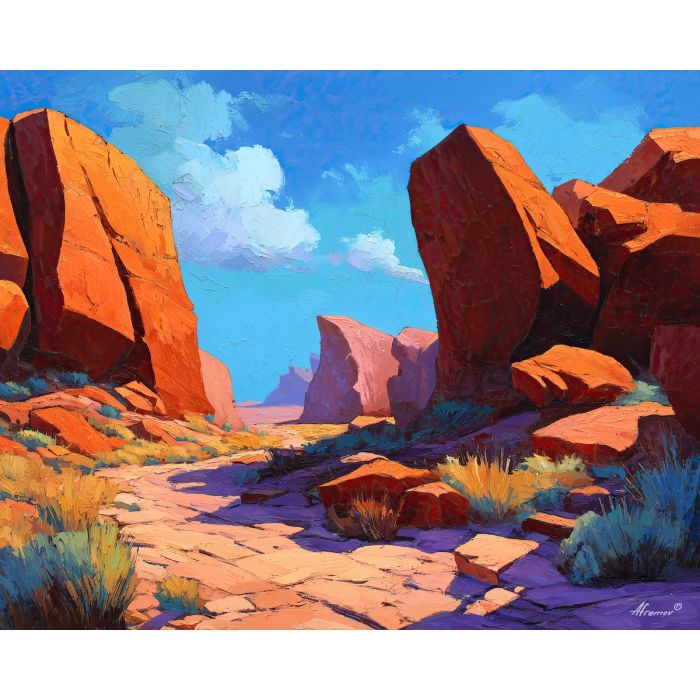 kokopelli, a Kokopelli-inspired desert scene with sandstone panel, a Southwestern desert setting, sandstone panel, turquoise and terracotta with deep violet dusk, mythic and desert warm, foreground subject, impasto texture, textured strokes, atmospheric depth, oil painting, palette knife texture, impasto oil, thick paint, bold brushwork, soft glow, color contrast, layered depth, foreground focus, background gradient