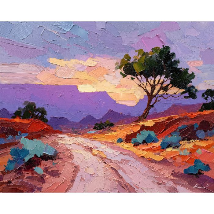 kokopelli, a Kokopelli-inspired desert scene with dusty trail, a Southwestern desert setting, dusty trail, turquoise and terracotta with deep violet dusk, mythic and desert warm, foreground subject, impasto texture, textured strokes, atmospheric depth, oil painting, palette knife texture, impasto oil, thick paint, bold brushwork, soft glow, color contrast, layered depth, foreground focus, background gradient