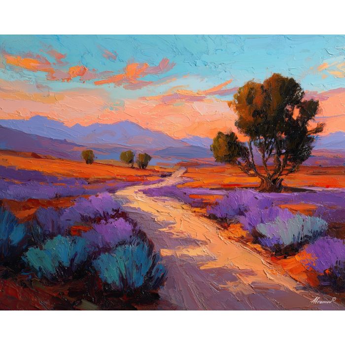 kokopelli, a Kokopelli-inspired desert scene with sagebrush path, a Southwestern desert setting, sagebrush path, turquoise and terracotta with deep violet dusk, mythic and desert warm, foreground subject, impasto texture, textured strokes, atmospheric depth, oil painting, palette knife texture, impasto oil, thick paint, bold brushwork, soft glow, color contrast, layered depth, foreground focus, background gradient