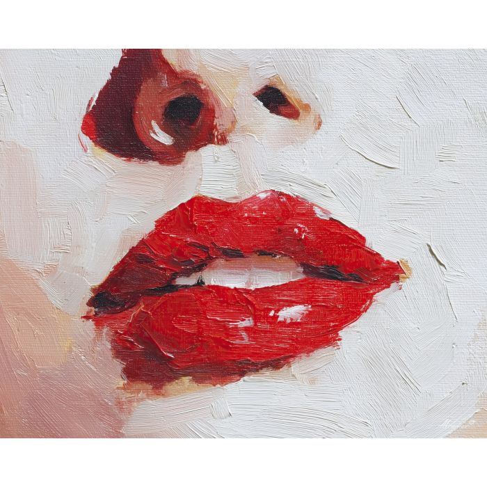 lip, a close portrait scene focused on red lipstick closeup, a portrait or fashion setting, red lipstick closeup, crimson and coral with charcoal and cream highlights, glamorous and dramatic, foreground subject, impasto texture, textured strokes, atmospheric depth, oil painting, palette knife texture, impasto oil, thick paint, bold brushwork, soft glow, color contrast, layered depth, foreground focus, background gradient