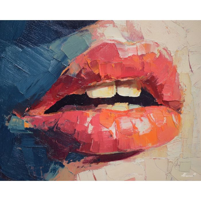 lip, a close portrait scene focused on mirror reflection mouth, a portrait or fashion setting, mirror reflection mouth, crimson and coral with charcoal and cream highlights, glamorous and dramatic, foreground subject, impasto texture, textured strokes, atmospheric depth, oil painting, palette knife texture, impasto oil, thick paint, bold brushwork, soft glow, color contrast, layered depth, foreground focus, background gradient