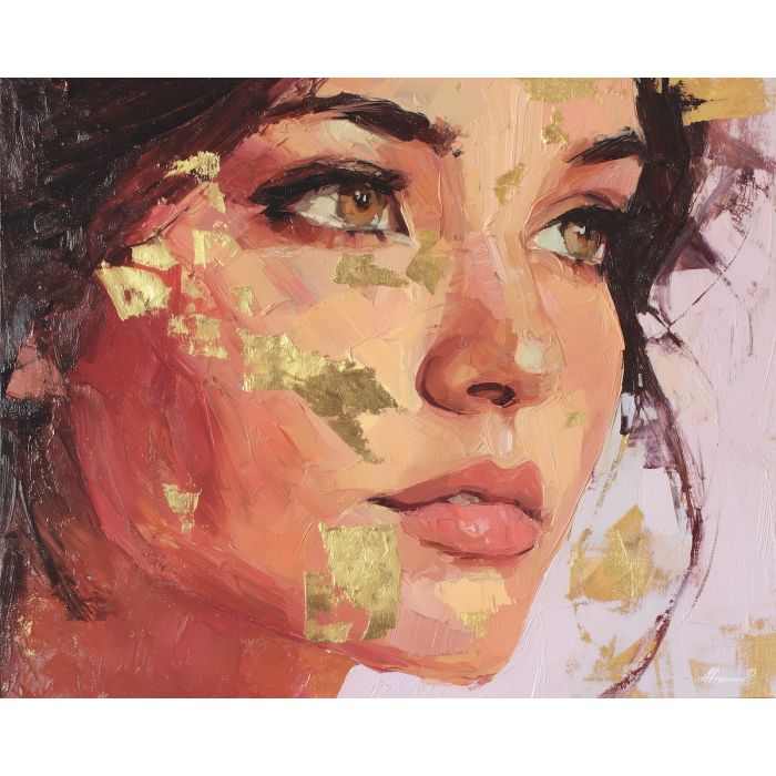 lip, a close portrait scene focused on gold foil accent, a portrait or fashion setting, gold foil accent, crimson and coral with charcoal and cream highlights, glamorous and dramatic, foreground subject, impasto texture, textured strokes, atmospheric depth, oil painting, palette knife texture, impasto oil, thick paint, bold brushwork, soft glow, color contrast, layered depth, foreground focus, background gradient