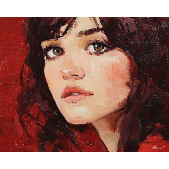 lip, a close portrait scene focused on scarlet pout, a portrait or fashion setting, scarlet pout, crimson and coral with charcoal and cream highlights, glamorous and dramatic, foreground subject, impasto texture, textured strokes, atmospheric depth, oil painting, palette knife texture, impasto oil, thick paint, bold brushwork, soft glow, color contrast, layered depth, foreground focus, background gradient