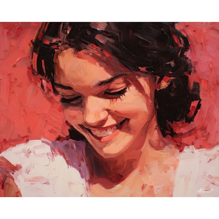 lip, a close portrait scene focused on whispered smile, a portrait or fashion setting, whispered smile, crimson and coral with charcoal and cream highlights, glamorous and dramatic, foreground subject, impasto texture, textured strokes, atmospheric depth, oil painting, palette knife texture, impasto oil, thick paint, bold brushwork, soft glow, color contrast, layered depth, foreground focus, background gradient