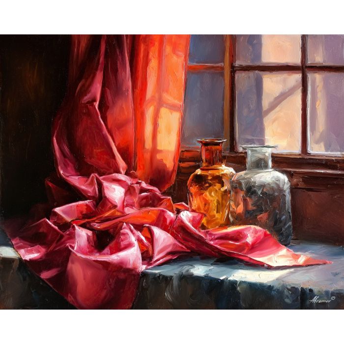 lip, a close portrait scene focused on satin cloth still life, a portrait or fashion setting, satin cloth still life, crimson and coral with charcoal and cream highlights, glamorous and dramatic, foreground subject, impasto texture, textured strokes, atmospheric depth, oil painting, palette knife texture, impasto oil, thick paint, bold brushwork, soft glow, color contrast, layered depth, foreground focus, background gradient