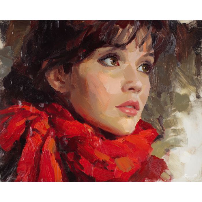 lip, a close portrait scene focused on red scarf portrait, a portrait or fashion setting, red scarf portrait, crimson and coral with charcoal and cream highlights, glamorous and dramatic, foreground subject, impasto texture, textured strokes, atmospheric depth, oil painting, palette knife texture, impasto oil, thick paint, bold brushwork, soft glow, color contrast, layered depth, foreground focus, background gradient