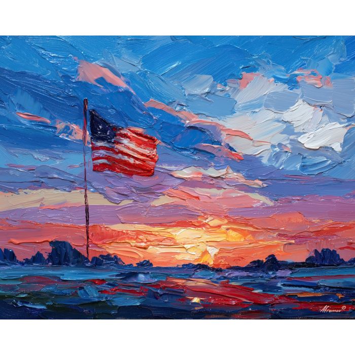memorial day, a Memorial Day composition centered on flag at sunrise, a commemorative outdoor setting, flag at sunrise, deep red bright white and cobalt blue, quietly proud and reflective, foreground subject, impasto texture, textured strokes, atmospheric depth, oil painting, palette knife texture, impasto oil, thick paint, bold brushwork, soft glow, color contrast, layered depth, foreground focus, background gradient