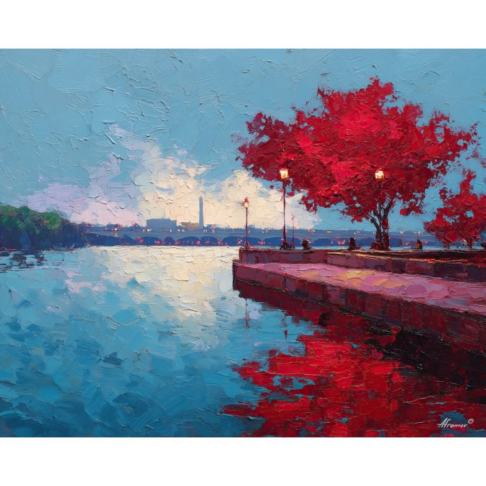 memorial day, a Memorial Day composition centered on riverfront remembrance, a commemorative outdoor setting, riverfront remembrance, deep red bright white and cobalt blue, quietly proud and reflective, foreground subject, impasto texture, textured strokes, atmospheric depth, oil painting, palette knife texture, impasto oil, thick paint, bold brushwork, soft glow, color contrast, layered depth, foreground focus, background gradient