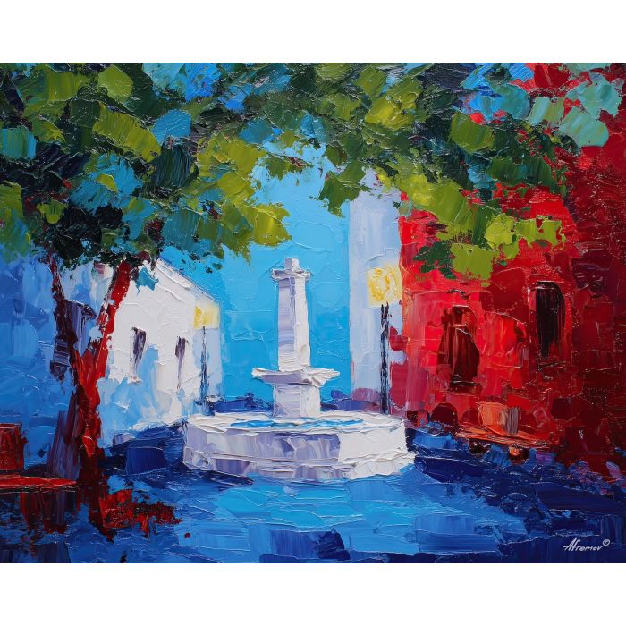 memorial day, a Memorial Day composition centered on small town square, a commemorative outdoor setting, small town square, deep red bright white and cobalt blue, quietly proud and reflective, foreground subject, impasto texture, textured strokes, atmospheric depth, oil painting, palette knife texture, impasto oil, thick paint, bold brushwork, soft glow, color contrast, layered depth, foreground focus, background gradient