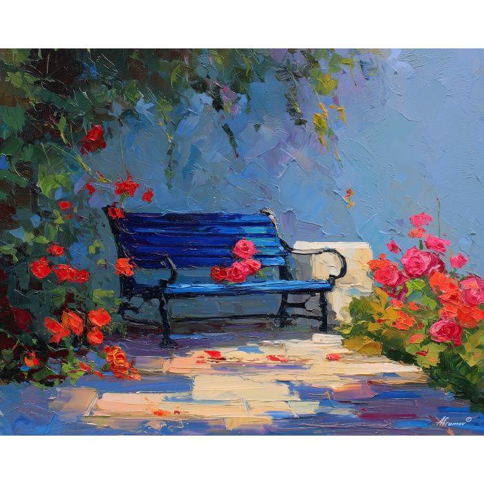 memorial day, a Memorial Day composition centered on bench with roses, a commemorative outdoor setting, bench with roses, deep red bright white and cobalt blue, quietly proud and reflective, foreground subject, impasto texture, textured strokes, atmospheric depth, oil painting, palette knife texture, impasto oil, thick paint, bold brushwork, soft glow, color contrast, layered depth, foreground focus, background gradient