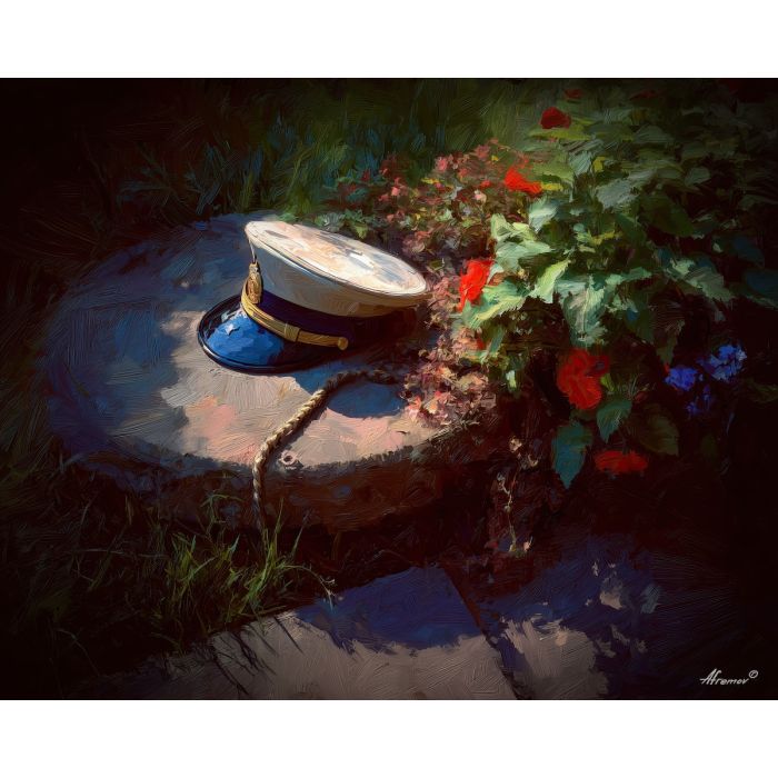 memorial day, a Memorial Day composition centered on veteran cap, a commemorative outdoor setting, veteran cap, deep red bright white and cobalt blue, quietly proud and reflective, foreground subject, impasto texture, textured strokes, atmospheric depth, oil painting, palette knife texture, impasto oil, thick paint, bold brushwork, soft glow, color contrast, layered depth, foreground focus, background gradient