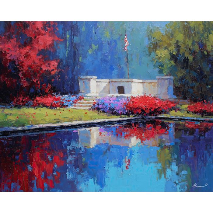 memorial day, a Memorial Day composition centered on memorial wall, a commemorative outdoor setting, memorial wall, deep red bright white and cobalt blue, quietly proud and reflective, foreground subject, impasto texture, textured strokes, atmospheric depth, oil painting, palette knife texture, impasto oil, thick paint, bold brushwork, soft glow, color contrast, layered depth, foreground focus, background gradient