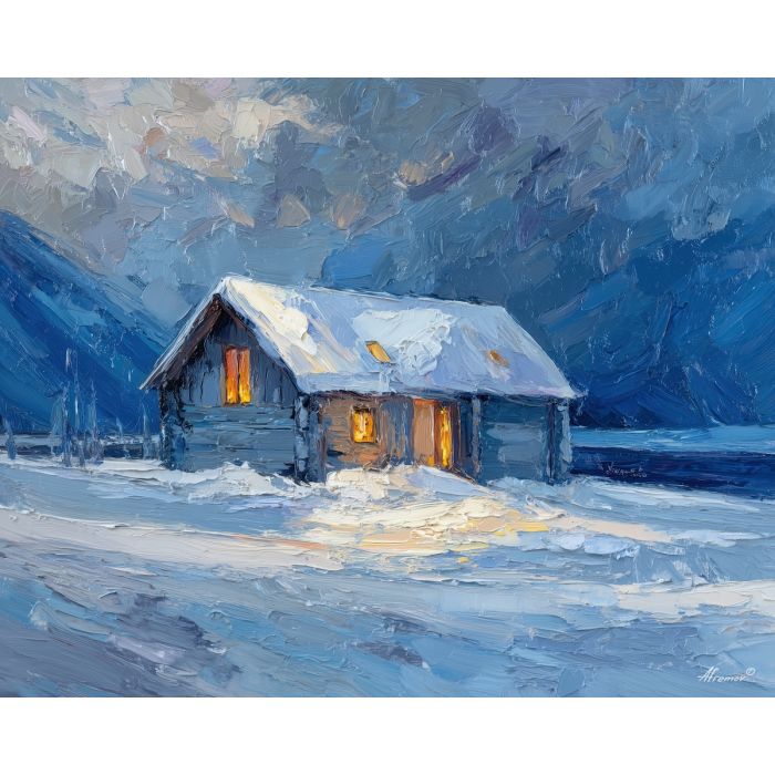 nordic, a Nordic atmospheric scene built around snow cabin, a northern landscape or interior, snow cabin, cool blue gray with warm amber window light, calm and atmospheric, foreground subject, impasto texture, textured strokes, atmospheric depth, oil painting, palette knife texture, impasto oil, thick paint, bold brushwork, soft glow, color contrast, layered depth, foreground focus, background gradient