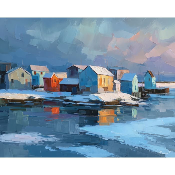 nordic, a Nordic atmospheric scene built around blue hour harbor, a northern landscape or interior, blue hour harbor, cool blue gray with warm amber window light, calm and atmospheric, foreground subject, impasto texture, textured strokes, atmospheric depth, oil painting, palette knife texture, impasto oil, thick paint, bold brushwork, soft glow, color contrast, layered depth, foreground focus, background gradient