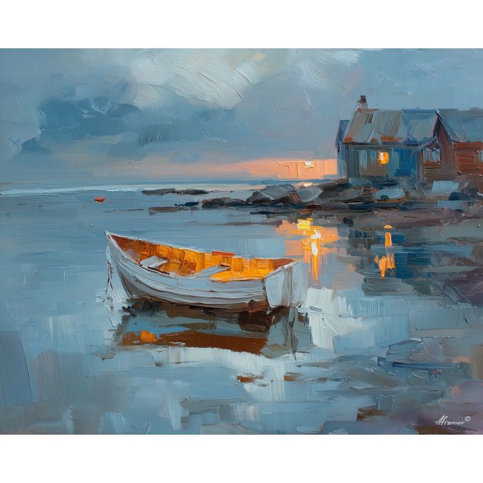 nordic, a Nordic atmospheric scene built around wooden boat, a northern landscape or interior, wooden boat, cool blue gray with warm amber window light, calm and atmospheric, foreground subject, impasto texture, textured strokes, atmospheric depth, oil painting, palette knife texture, impasto oil, thick paint, bold brushwork, soft glow, color contrast, layered depth, foreground focus, background gradient