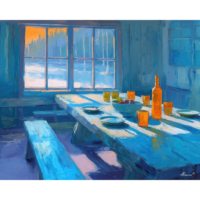 nordic, a Nordic atmospheric scene built around timber table, a northern landscape or interior, timber table, cool blue gray with warm amber window light, calm and atmospheric, foreground subject, impasto texture, textured strokes, atmospheric depth, oil painting, palette knife texture, impasto oil, thick paint, bold brushwork, soft glow, color contrast, layered depth, foreground focus, background gradient