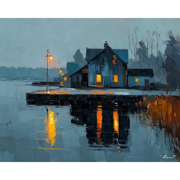 nordic, a Nordic atmospheric scene built around quiet dock, a northern landscape or interior, quiet dock, cool blue gray with warm amber window light, calm and atmospheric, foreground subject, impasto texture, textured strokes, atmospheric depth, oil painting, palette knife texture, impasto oil, thick paint, bold brushwork, soft glow, color contrast, layered depth, foreground focus, background gradient