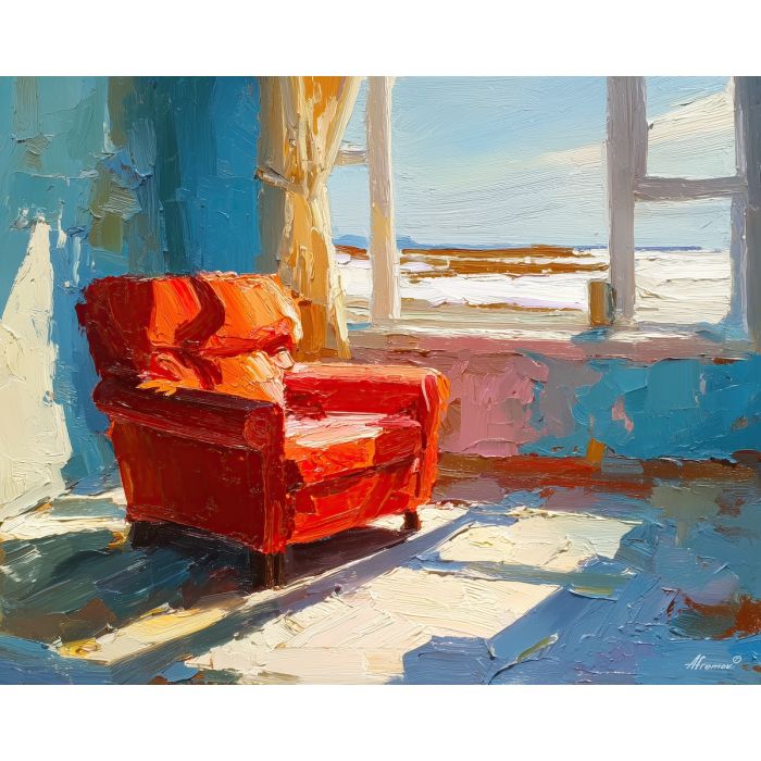 nordic, a Nordic atmospheric scene built around red scarf chair, a northern landscape or interior, red scarf chair, cool blue gray with warm amber window light, calm and atmospheric, foreground subject, impasto texture, textured strokes, atmospheric depth, oil painting, palette knife texture, impasto oil, thick paint, bold brushwork, soft glow, color contrast, layered depth, foreground focus, background gradient