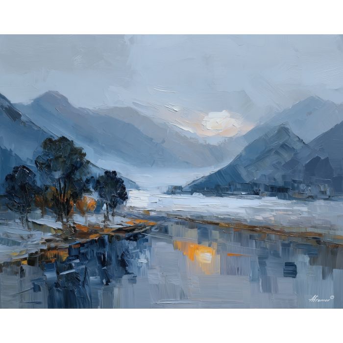 nordic, a Nordic atmospheric scene built around foggy valley, a northern landscape or interior, foggy valley, cool blue gray with warm amber window light, calm and atmospheric, foreground subject, impasto texture, textured strokes, atmospheric depth, oil painting, palette knife texture, impasto oil, thick paint, bold brushwork, soft glow, color contrast, layered depth, foreground focus, background gradient